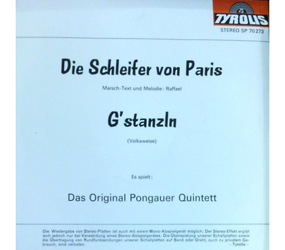 Orig. Pongauer Quintett - Die Schleifer von Paris / Gstanzln 1973 SP Neu