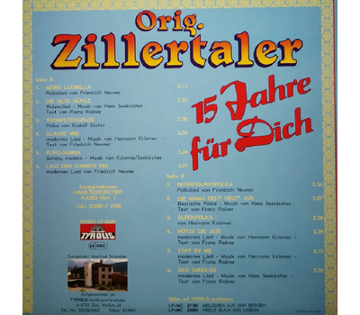 Die Orig. Zillertaler - 15 Jahre fr Dich LP 1987