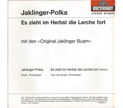 Orig. Jaklinger Buam - Jaklinger-Polka / Es zieht im Herbst die Lerche fort 1972 SP Neu